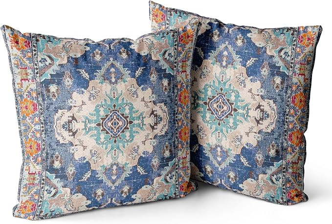 Snycler Boho Throw Pillow Covers 22x22 inch Set of 2 Boho Rug Carpet Double Sided Pattern Cotton Soft Pillow Case Cushion Cover Pillowcase for Couch Sofa Bed Decorative (Blue)
