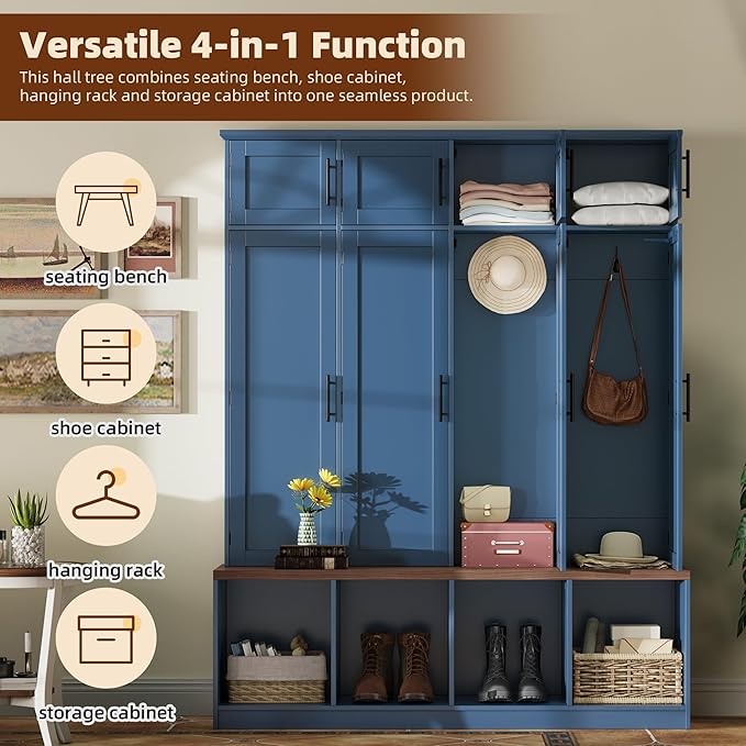 Hall Tree with Bench and Shoe Storage Compartments for Entryway, Particle Board Multi-Functional Cabinet with 4 Hanging Hooks, Blue