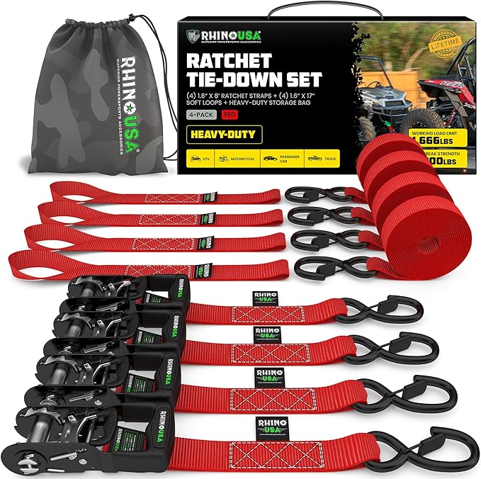 Rhino USA Ratchet Straps Heavy Duty Kit (4-Pack) - 1.6 Inch x 8 Feet Min Break Strength (5,000) - Ultimate Tie Down Straps with Safety S Hooks for Trucks, ATV, UTV, Motorcycle, Cargo & More - Red