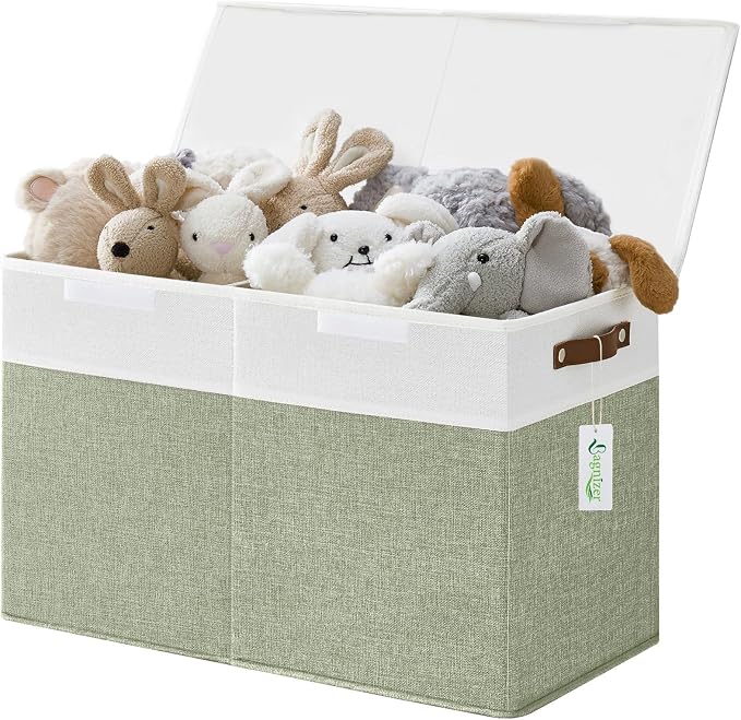 Large Toy Storage Box with Lids, Collapsible Sturdy Baby Storage Organizer Chest Bin Basket for Kids, Boys, Girls, Playroom, Nursery, Bedroom, Closet 25"x13"x16" (Green and White)