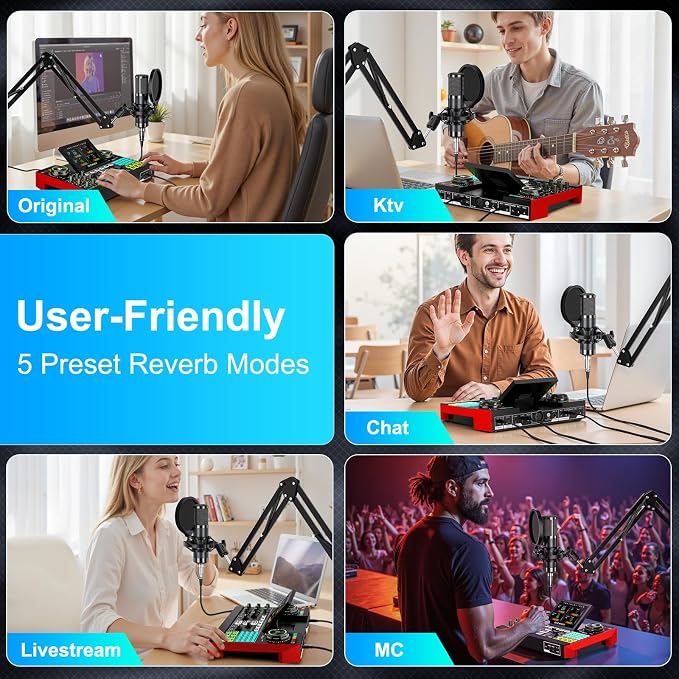 Podcast Microphone Bundle with Live Sound Board Audio Mixer, Podcast Equipment Bundle with 3.5mm Boom Mic(P15) for Pc/Phone Live Streaming Singing Gaming, Voice Changer, Denoise
