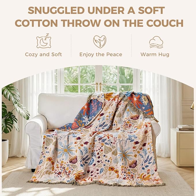 LUTBM Boho Throw Blanket for Couch 50"x60", Cotton Decorative Bed Throws | Reversible Floral Leaves Jacquard, All-Season Lightweight Soft Blanket, For Chair Sofa Bedroom Living Room Decor, Accent Gift