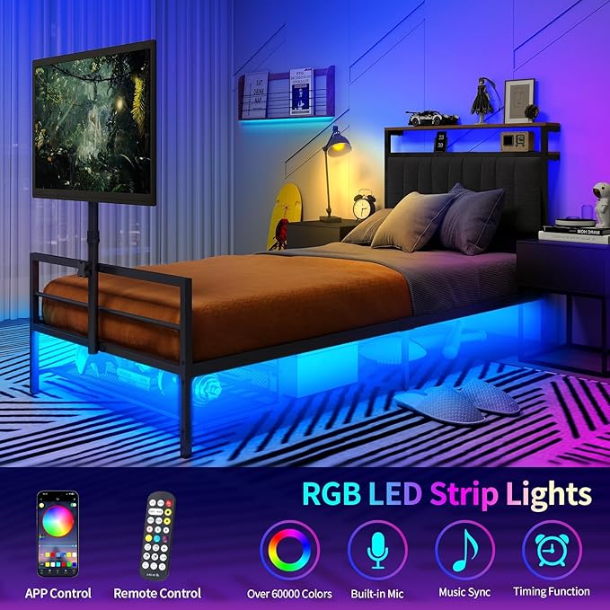 Twin Size Gaming Bed Frame With Storage Headboard,Black Metal Twin Bed Frame With LED Light Rotating TV Mount Charging Station,Stocking Stuffers for Teen Boys,College Dorm Room Essential,Heavy Duty