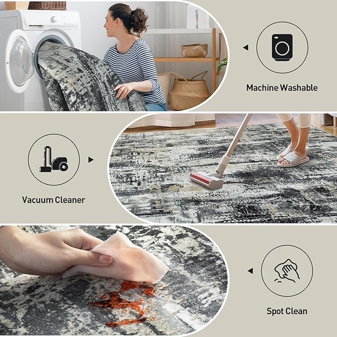 10x14 Area Rugs Washable Rug: Modern Abstract Living Room Rug Soft Anti-Skid Thin Carpet Indoor Floor Non-Shedding Carpets for Bedroom Dining Room Farmhouse Nursery Home Office Black Grey Gold