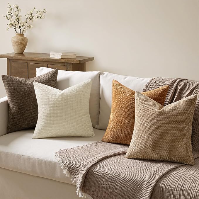 MIULEE Pack of 4 Brown Couch Throw Pillow Covers 18x18 Inch Soft Decorative Chenille Pillows Farmhouse Accent Cushions for Boho Fall Home Decor Sofa Bedroom Living Room