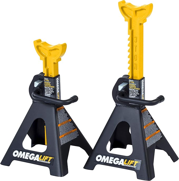 32038 3 Ton Jack Stands Pair - Heavy Duty Double Locking Pins - Handle Lock and Mobility Pin for Auto Repair Shop, Black/Yellow