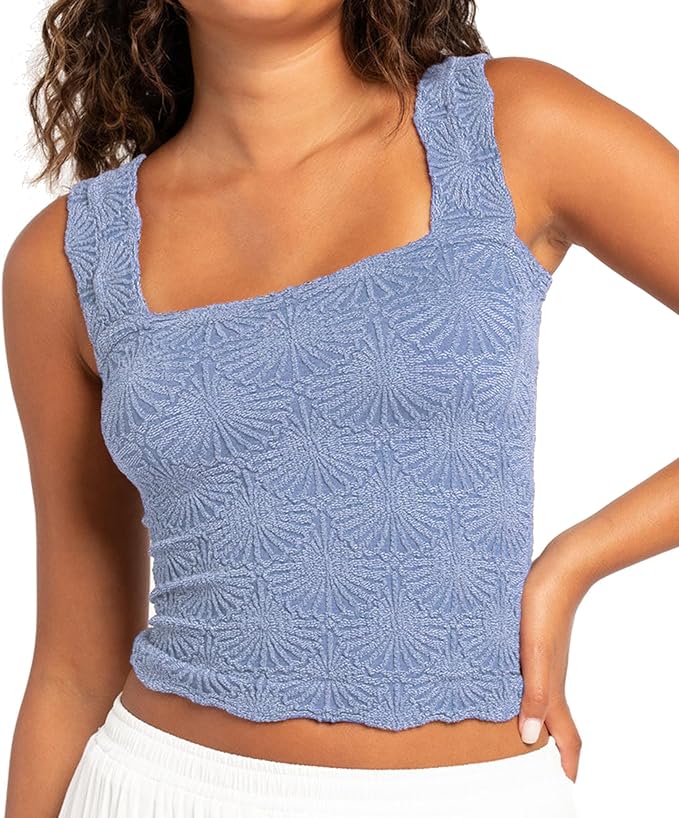 Women's Square Neck Wide Strap Crop Tank Tops Flower Going Out Tops Slim Fit Lettuce Trim Crop Cami Tops