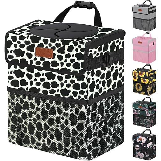 Vankor Car Trash Can for Car Cute,Bag Bin Hanging Waterproof Automotive Garbage Cans Leak Proof Vehicle Trash Can Cow Print