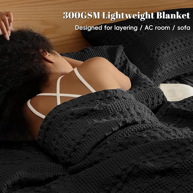 PHF 100% Cotton Waffle Blanket Twin Size, Lightweight Breathable Summer Blanket for Hot Sleepers, Pre-Washed Soft Layer for Bed, Dorm, Couch & Guest Room, Home Decor Gift, 66"x90", Black