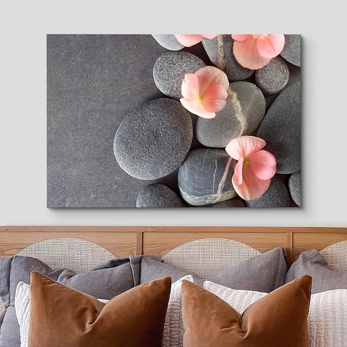 wall26 Canvas Print Wall Art Gray Stones with Pink Daisy Flowers Floral Nature Photography Realism Bohemian Scenic Relax/Calm Cool for Living Room, Bedroom, Office - 32"x48"