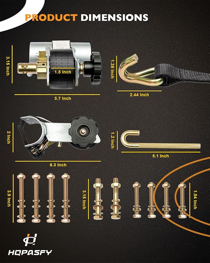 Ladder Rack Ratchet Straps, W/J-Hook (2PCS), 2" Silver Round Tube Mount, 1.5" Wide x 7.5' Long, Black Truck Rack Straps, 500 lbs Load Heavy Duty, Lumber Rack Ratchet Straps, Pipe/Roof Rack Straps