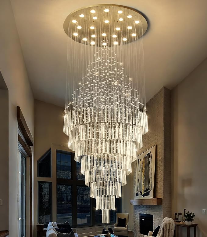 W47 x H120 Crystal LED Chandelier with Light Bulbs Luxury Raindrop High Ceiling Chandeliers for Entryway Villa Staircase Foyer Living Room Lighting Fixtures Gold