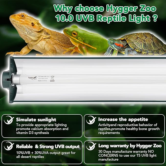 T5 Reptile Light Fixture Green Combo Kit 8W Light Fixture Reptile Terrarium Hood 10.0 UVB Light Bulb Fluorescent Tube Ideal for Tropical and Deserts Such as Bearded Dragon Lizards and Tortoises