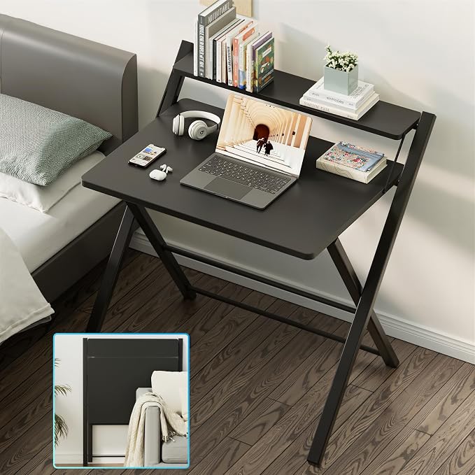 GreenForest Folding Desk No Assembly, Sturdy Computer Desk for Small Spaces | Portable Foldable Table for Laptop, 2-Tier Compact with Shelf, Space Saving for Home Office, Dorm, Apartment 24.5"x 30" Black