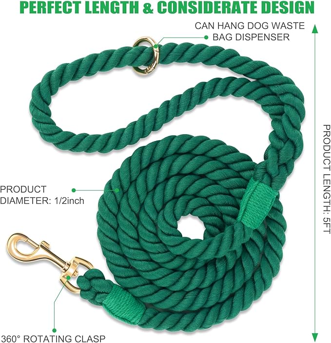 Dog Leash 5 FT Handmade Braided Cotton Rope Leashes for Small Medium and Large Dogs, New Golden Heavy Duty Metal Clasp, Dark Green