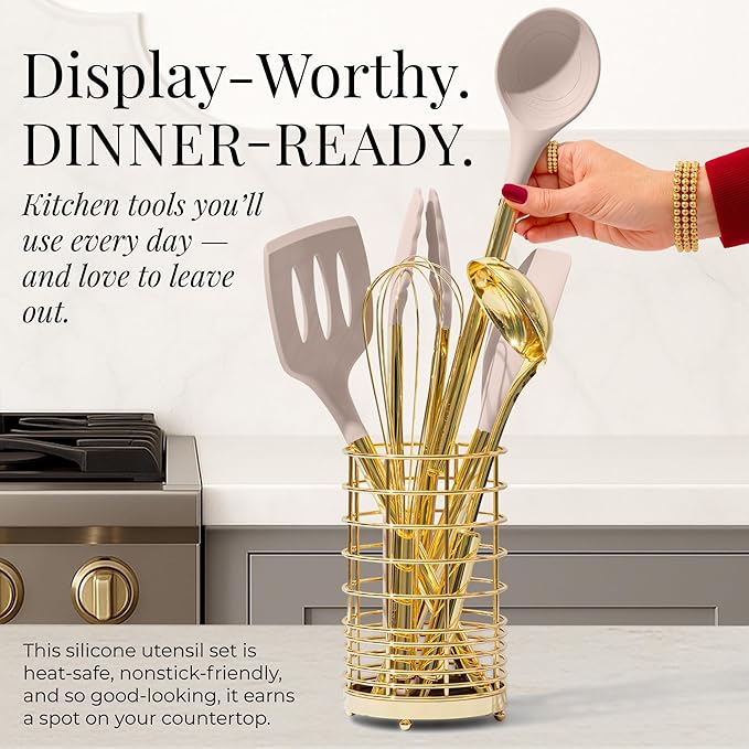 Styled Settings 23-Piece Beige and Gold Utensils Set – Silicone Nonstick Cooking Tools with Garlic Press, Can Opener, Measuring Cups, Utensil Holder – Luxury Kitchen Accessories for Modern Homes