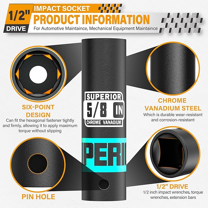 1/2" Drive Impact Socket, 5/8 inch Deep Socket, SAE, 6 Point, CR-V, for Car Repair, Loosen the Fastening Nut