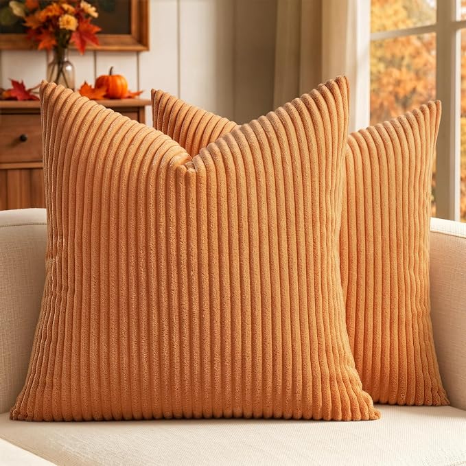 MIULEE Fall Soft Corduroy Throw Pillow Covers Set of 2 18x18 Burnt Orange | Decorative Striped Textured Cushion Cases, Boho Rustic Square Pillowcases, Home Decor for Couch Chair Sofa Bed Living Room