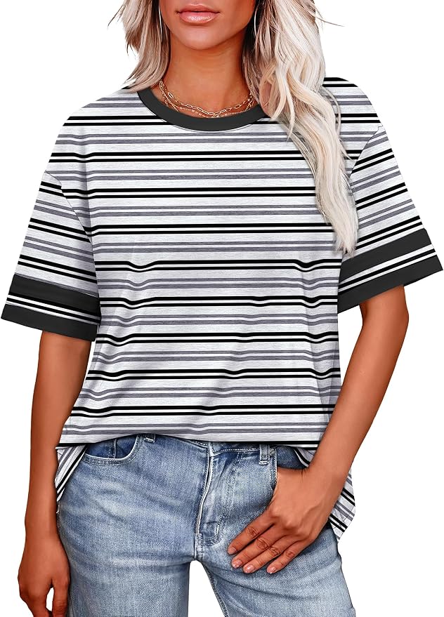 WIHOLL Womens T Shirts Loose Fit Short Sleeve Tees Crew Neck Color Block Summer Tops 2026 Fashion