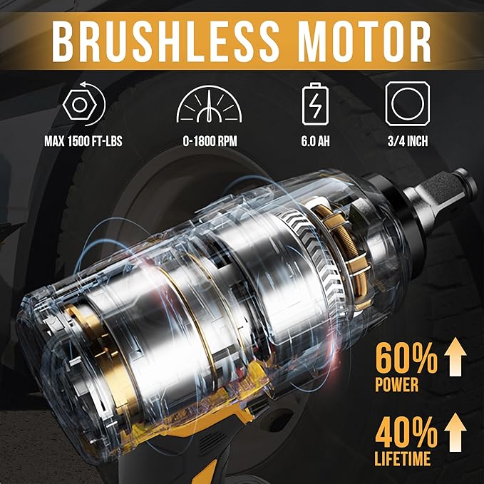 EWORK 3/4 Cordless Impact Wrench 21V Heavy Duty Max 1500 Ft-lbs, Brushless Motor, High Torque Impact Gun with 6.0Ah Li-ion Battery and Charger & 3/4" to 1/2 Inch Socket Adapter, Tool Bag