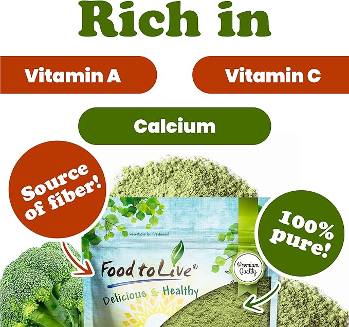 Food to Live Broccoli Powder, 10 Pounds – Nutrient-Rich Green Superfood for Smoothies, Shakes and Cooking, High in Fiber, Vitamins and Antioxidants, Vegan, Kosher, Bulk