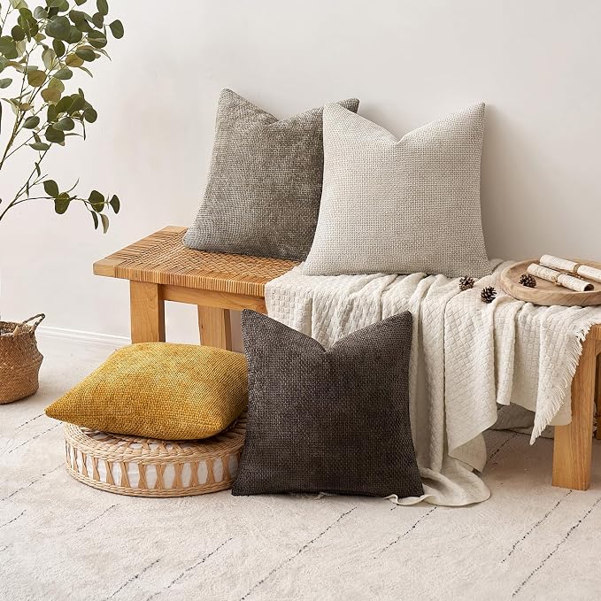 MIULEE Pack of 4 Couch Throw Pillow Covers 18x18 Inch Neutral Gold/Brown Soft Decorative Chenille Pillow Covers Farmhouse Accent Cushion Covers for Boho Fall Home Decor Sofa Bedroom Living Room