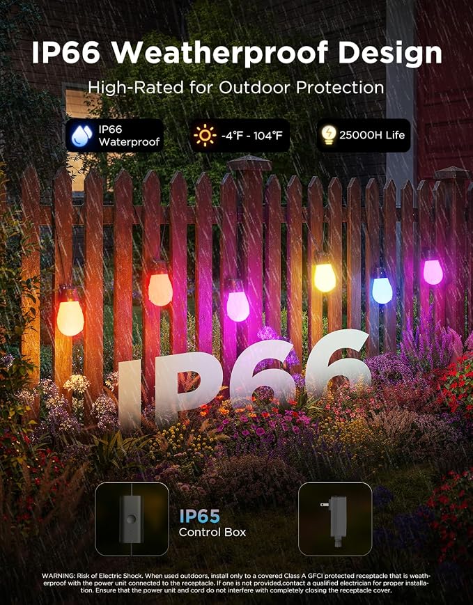 Govee S14 Bulb Outdoor String Lights 2, 48ft RGBICWW, 15 LED Bulbs, IP66 | Patio Lights with 111 Scene Modes for Patio, Backyard, Garden, Compatible with Alexa, Google, Matter, APP Control