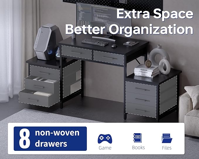 Pamray 63 Inch Office Desk with 8 Drawers and Printer Shelves for Computer | Space-saving, Ample Storage, Large Workspace, Easy Assembly, Sturdy, Suitable for Home Office Study Gaming, Bedroom and Dorms
