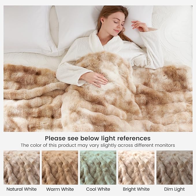 Cozy Bliss Faux Fur Throw Blanket for Couch, Fuzzy Soft Plush Thick Bubble Blanket for Sofa Bedroom Living Room, 50 * 60 Inches Tie-dye Beige