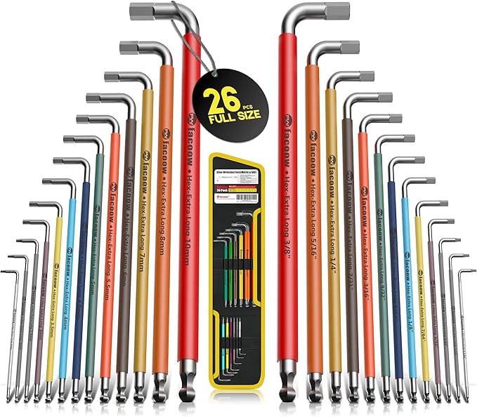Allen Wrenches Sets, 26pcs Full Size SAE & Metric Hex Key Set with Tool Organizer Bag, Heavy Duty Extra Long Arm Allen Wrenche Sets, Ball End Allen Keys, Color Coded Premium Allen Wrench Set