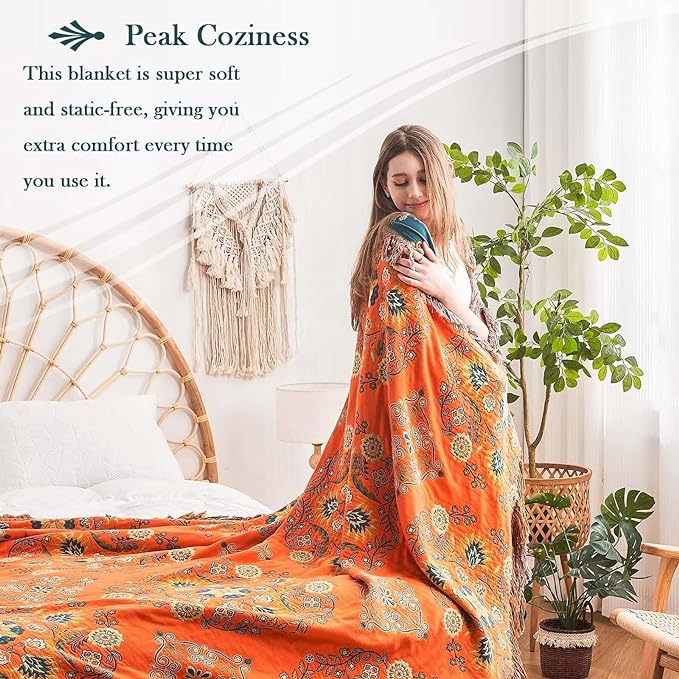 XIBLC Boho Throw Blanket, 100% Cotton Ultra Soft Luxury Throw Rustic Quilt, 90"x98" Floral Printed Farmhouse Decor Bed Summer Blankets, All Season Rustic Reversible Bohemian Throw for Bed - Orange