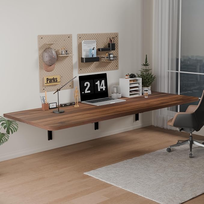 IAE 48x22in Floating Fold Desk,Wall-Mounted Folding Computer Table,Walnut | Study Table with Shelf Brackets,Foldable Down Shelf with Engineered Wood,Fold Computer Desk for Small Apartment,Holds 507 lb
