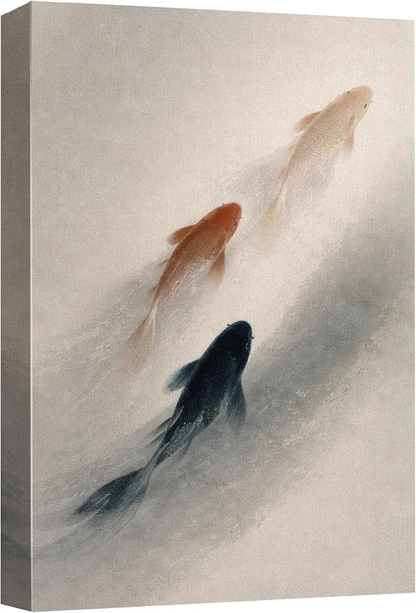 wall26 Canvas Print Wall Art Three Koi Fish Swimming in Misty Water Minimal Photography Realism Rustic Colorful Multicolor for Living Room, Bedroom, Bathroom - 12"x18"