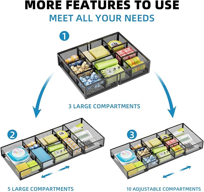 Marbrasse Expandable Desk Drawer Organizer, Mesh Drawer Organizer Tray with 10 Adjustable Compartments, Desk Organizers and Accessories for Office Supplies (Longer Expandable Drawer Organizer-B)