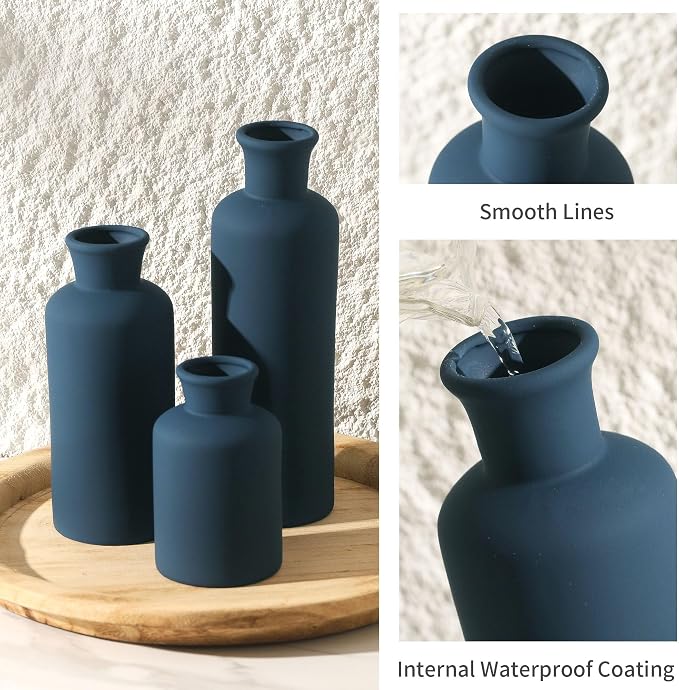 Ceramic Vase Set of 3, Neutral Modern Vases Home Decor Boho Vase Farmhouse Decor Flowers Pampas Vases for Table Mantel Entryway Shelf Living Room Kitchen Bathroom - Navy Blue