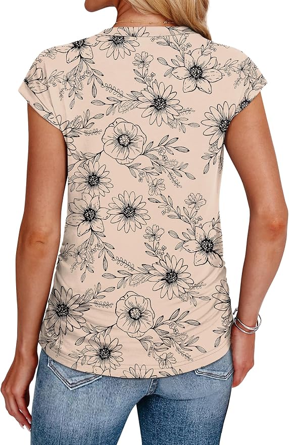 Sampeel Womens Summer Tops Trendy 2026 Ruched Cap Short Sleeve Tshirts Shirts Crew Neck T Shirts Fashion