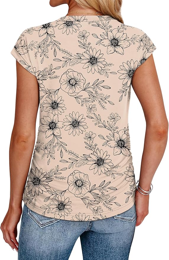 Sampeel Womens Summer Tops Trendy 2026 Ruched Cap Short Sleeve Tshirts Shirts Crew Neck T Shirts Fashion