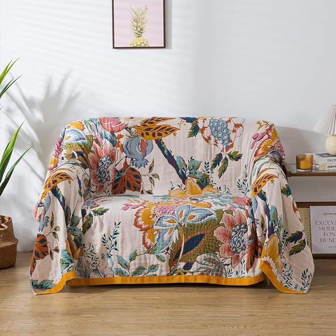 Boho Throw Blanket for Bed 100% Cotton Bohemian Blankets Ultra Soft Woven Muslin Decorative Blankets All Seasons Vintage Quilt Knitted Blanket for Sofa Chair(Beige, 90"x98")