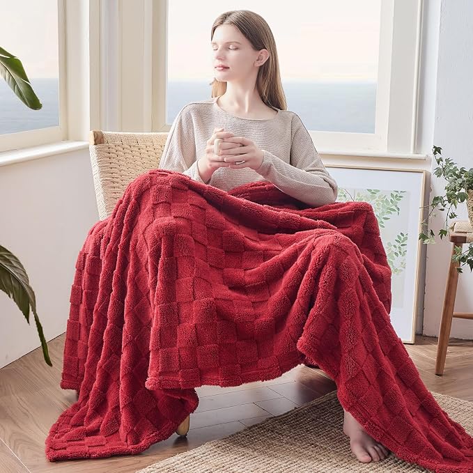NEWCOSPLAY 3D Checkered Flannel Queen Blanket, Red Checkered, 90"x90" | Super Soft Cute Lightweight Decorative Premium Silky Fleece Blanket for Couch Sofa Bed, Gift for Women Men, All Season Use