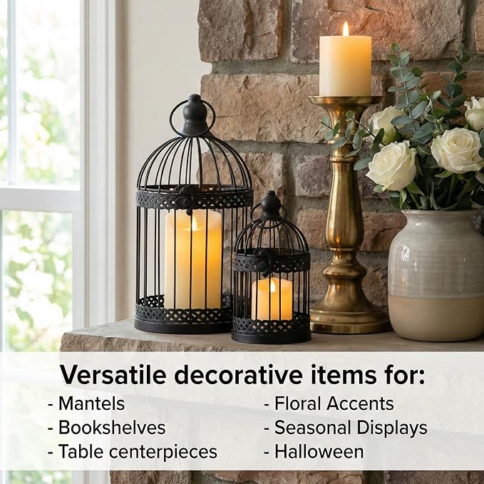 Vela Lanterns Bird Cage Decor Candle Holder Lantern Decorative Table Centerpiece Halloween Decorations, Black, Set of 4