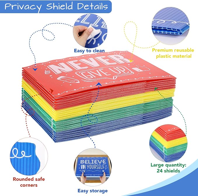 24-Pcs Desk Dividers for Students, Durable Plastic Study Dividers, 4-Colors | Waterproof, Easy-to-Clean Plastic, Freestanding, Fold-Flat Privacy Folders for Classroom, Exam, Library, Office and School