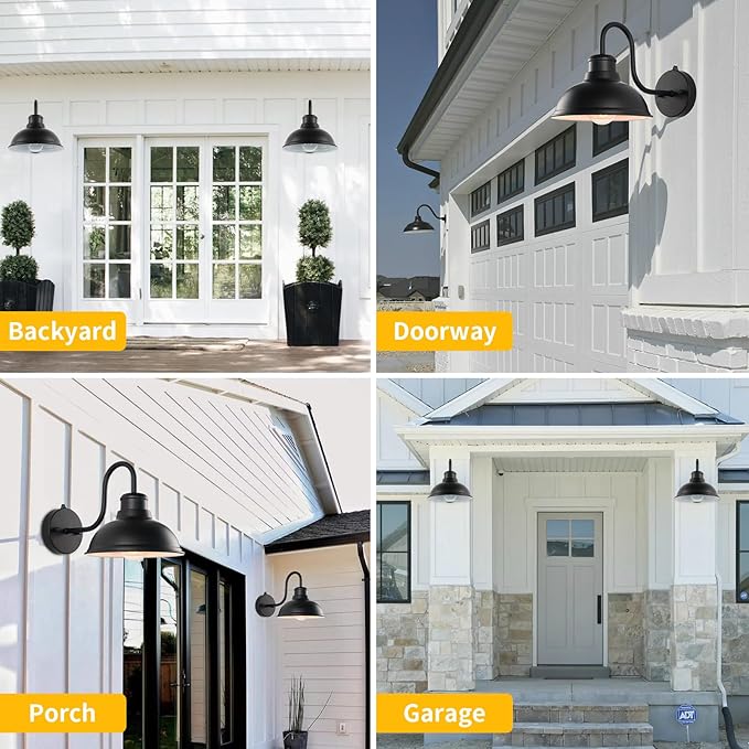 Dusk to Dawn Outdoor Wall Sconces, Exterior Farmhouse Gooseneck Barn Light, Vintage Matte Black Outside Wall Mount Light Fixture, Anti-Rust Waterproof Outdoor Light for Porch Garage