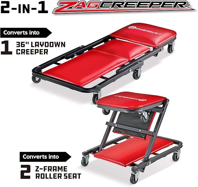 Powerbuilt 36 in. ZAG 2-in-1 Floor Creeper and Rolling Seat – Convertible Design with Padded Headrest, Durable Steel Frame, and Six 2 in. Casters for Easy Maneuvering – 620513