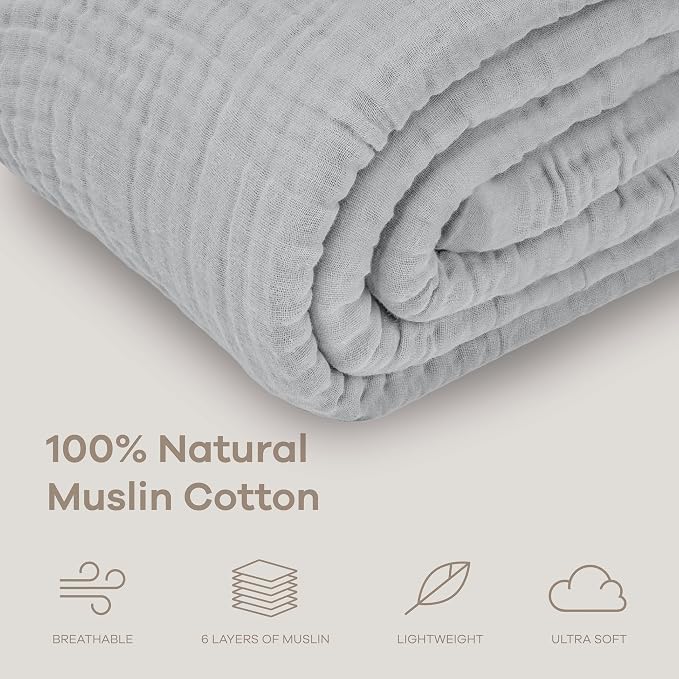 Comfy Cubs Adult Muslin Blanket 90x90” Queen Swaddle Blankets, Heather Blue | 6 Layer Soft, Breathable & Lightweight Muslin Adult Blanket - Machine Washable & Designed in the US Bedding for All Seasons