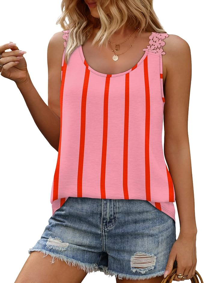 OFEEFAN Tank Top for Women Loose Fit Crew Neck Sleeveless Shirts Strap Lace Camisole Chiffon Summer Tops Curved Hem