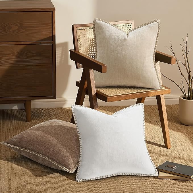 decorUhome Soft Chenille Throw Pillow Covers 16x16 Set of 2 Brown | Fall Textured Decorative Throw Pillow Cases Stitched Edge Modern Farmhouse Luxury Boho Velvet for Couch Sofa Bed Home Decor