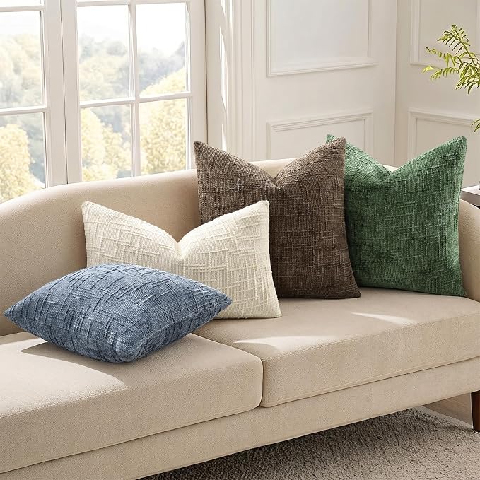 decorUhome Textured Chenille Throw Pillow Covers 12x20 Set of 2 Grey Blue | Fall Modern Farmhouse Soft Cozy Slubby Couch Pillow Cases Boho Decorative Pillow Cases for Bed Sofa Living Room Home Decor