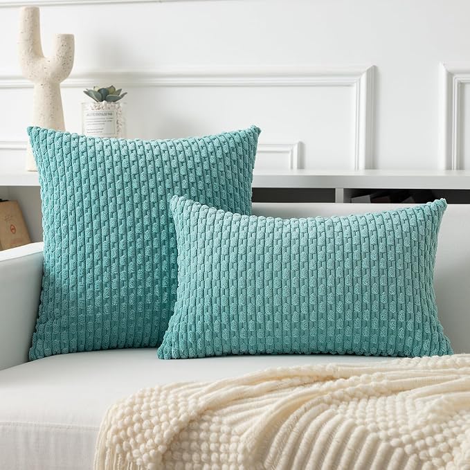Kevin Textile Soft Corduroy 14"x24" Lumbar Pillow Cover 1 Pack, Aqua Green | Boho Stripe Plush Corduroy Decorative Oblong Cushion Cover Modern Farmhouse Home Decor for Sofa Couch Bed Chair