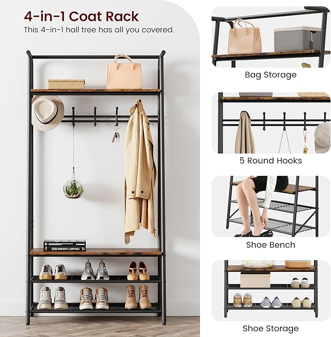 Coat Rack Hall Tree with Shoe Storage Bench, 4-in-1 Entryway Bench with 8 Hooks & 3-Tier Shoe Rack, Metal Frame for Entryway, Freestanding Coat Racks Storage for Hallway, Front Door