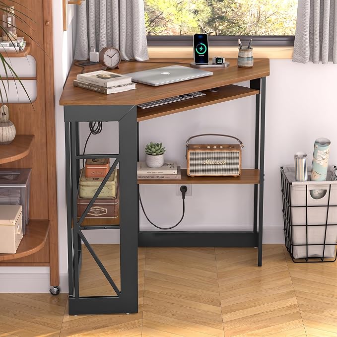 VECELO Corner Desk, Triangle Computer Desk for Small Space with Charging Station and Keyboard Tray, Corner Makeup Table with Storage Shelves for Home Office Bedroom, 41x30, Light Walnut